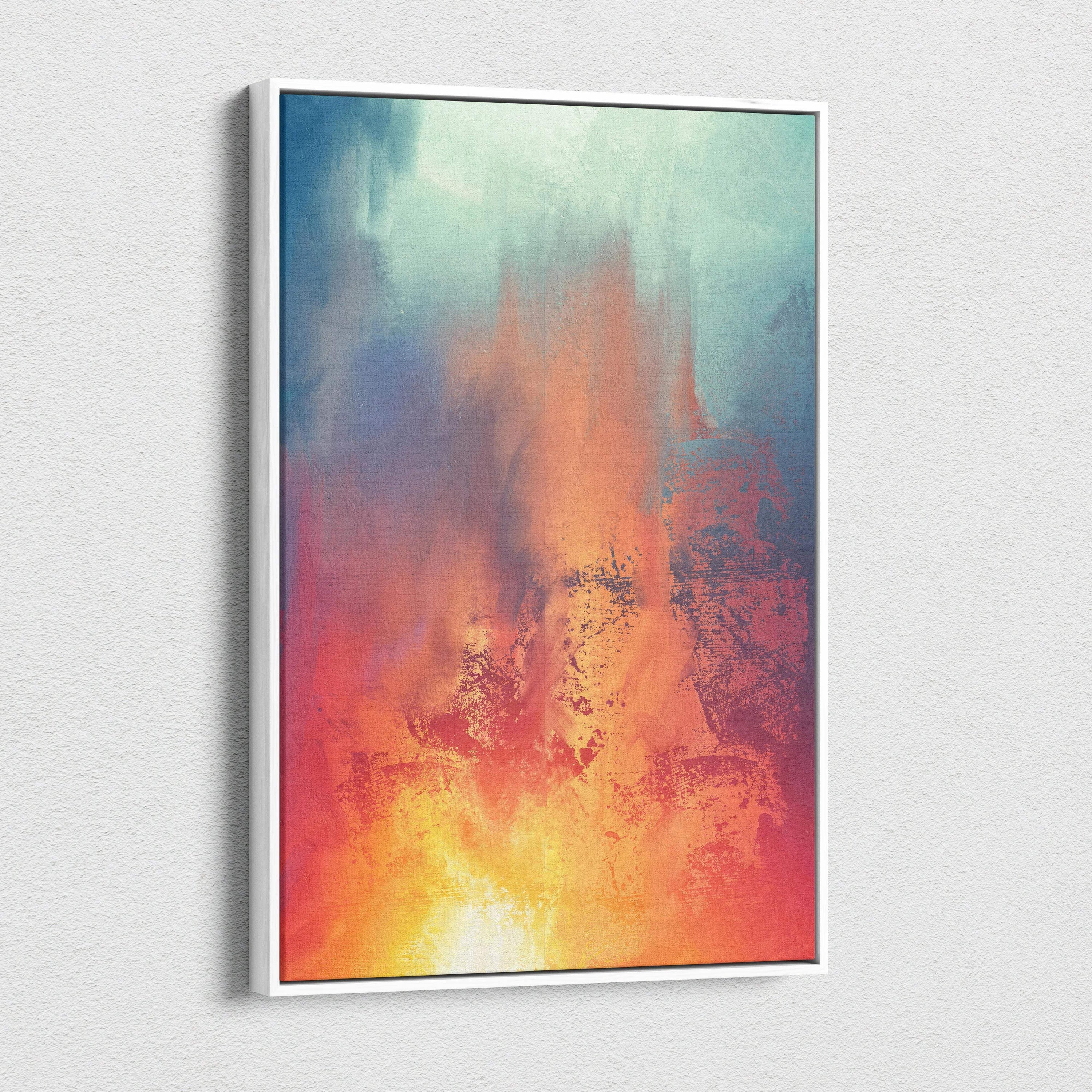 Abstract expressionist canvas wall art in fiery orange red glow with teal backdrop