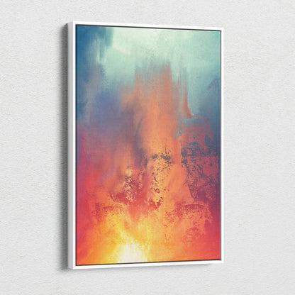 Abstract expressionist canvas wall art in fiery orange red glow with teal backdrop