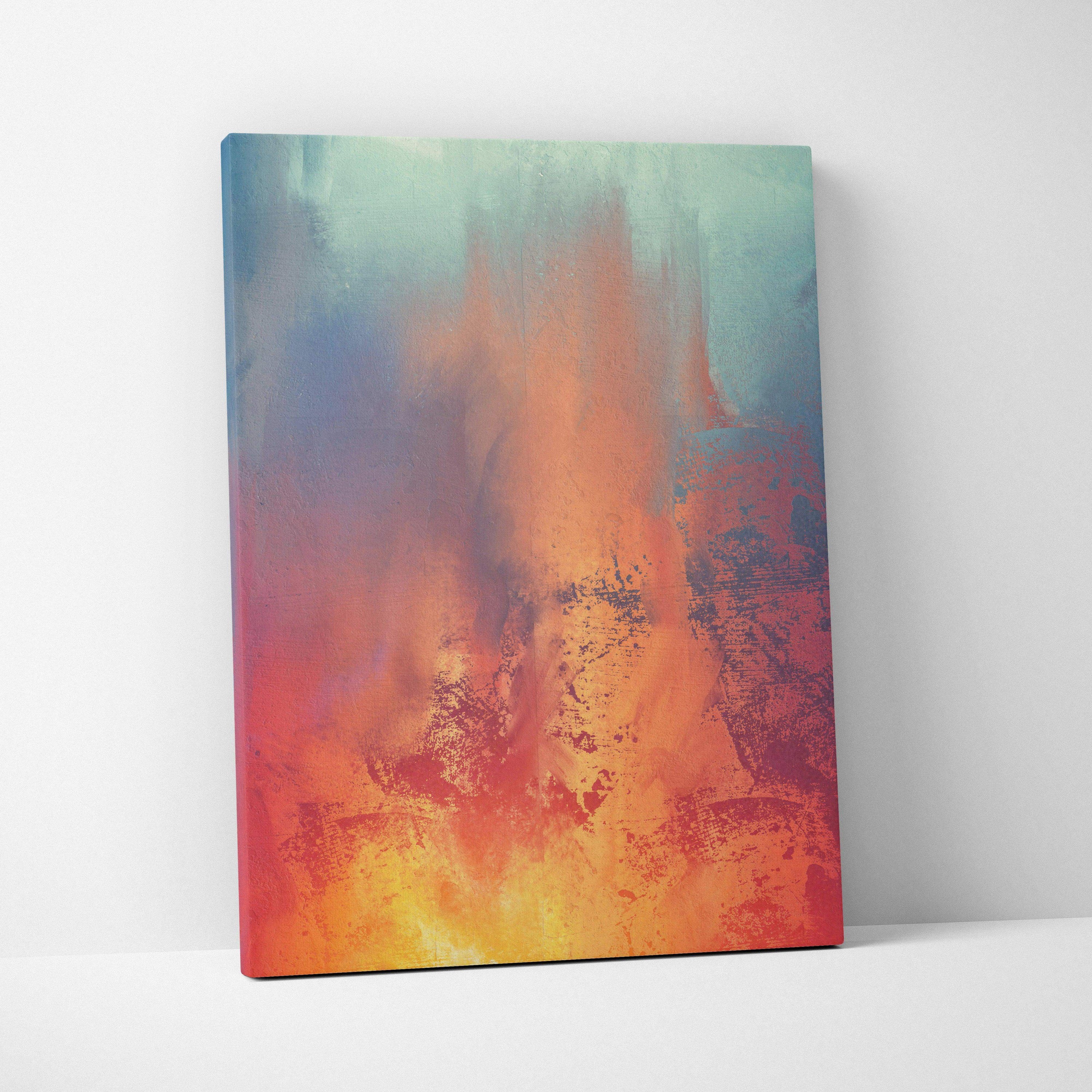 Abstract expressionist canvas wall art with fiery orange red glow and teal backdrop