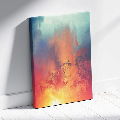 Abstract expressionist canvas wall art in fiery orange red glow with teal backdrop