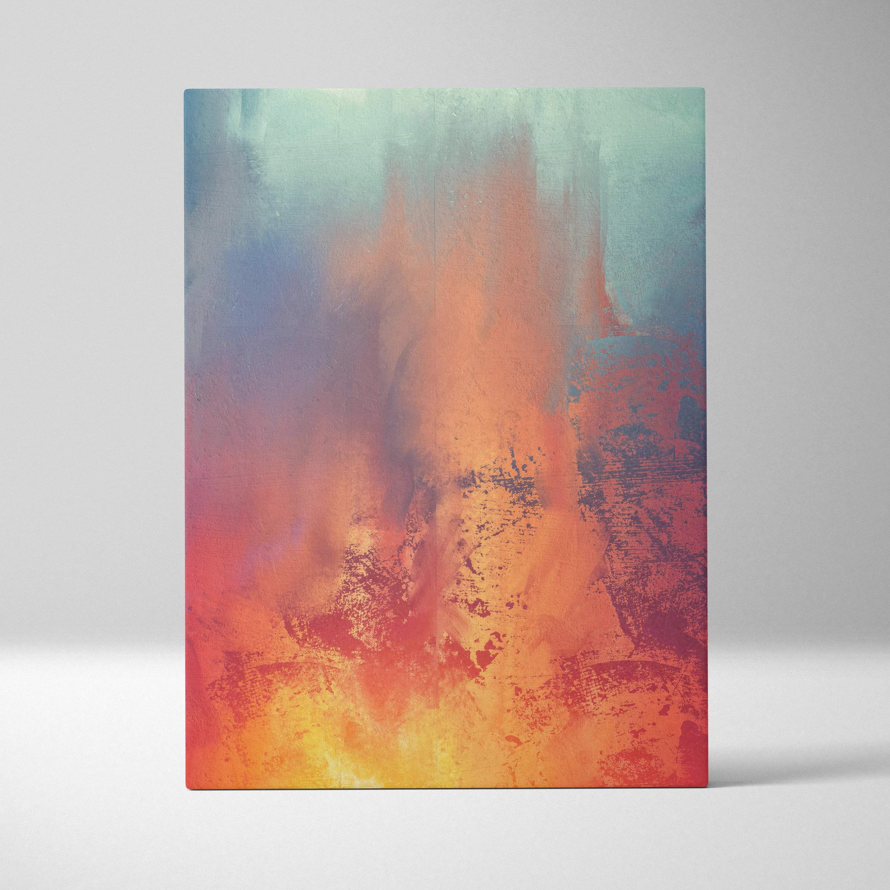 Abstract expressionist canvas wall art with fiery orange red glow and teal backdrop