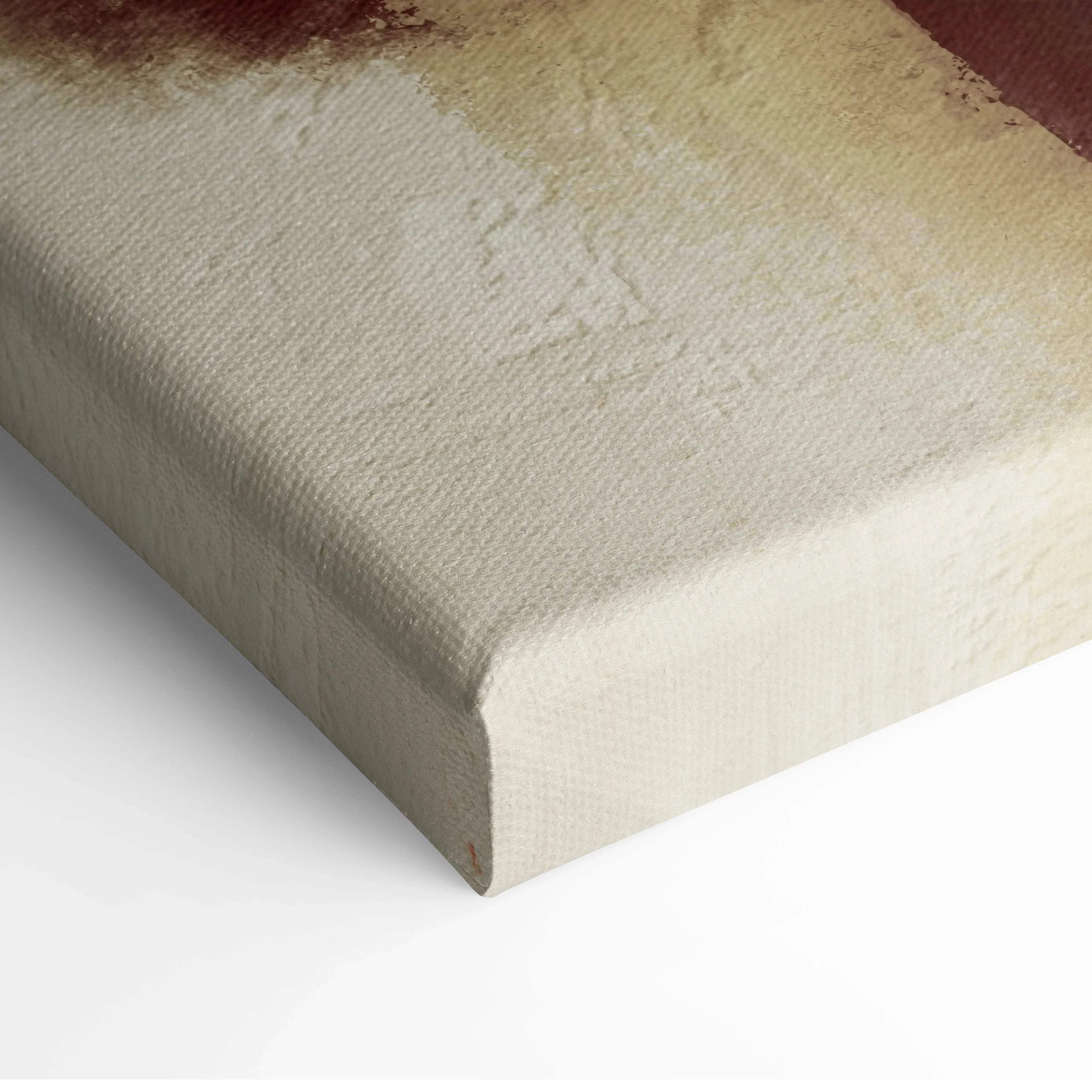 Abstract geometric canvas art with deep red beige blocks textured warm earth tones