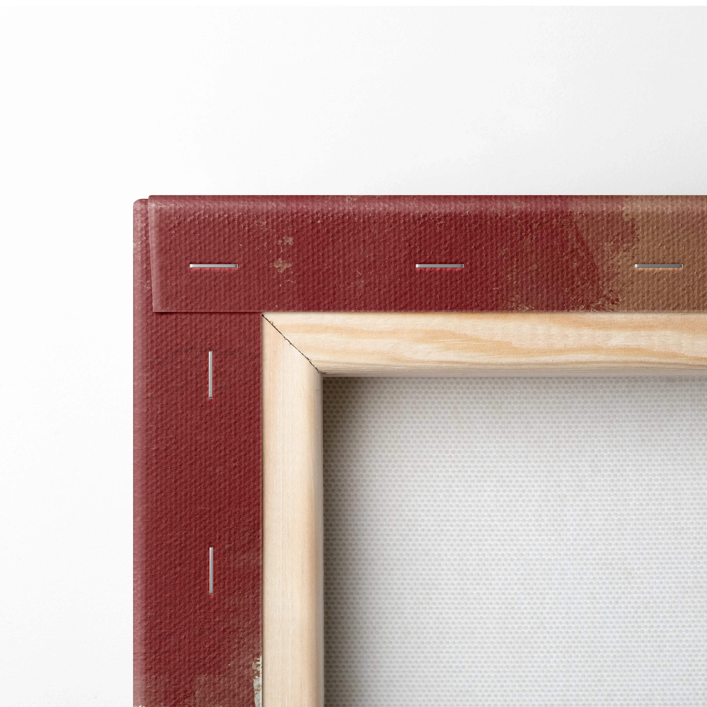 Red canvas frame with light wood border, abstract geometric warm earth tones art