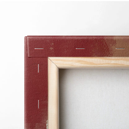 Red canvas frame with light wood border, abstract geometric warm earth tones art
