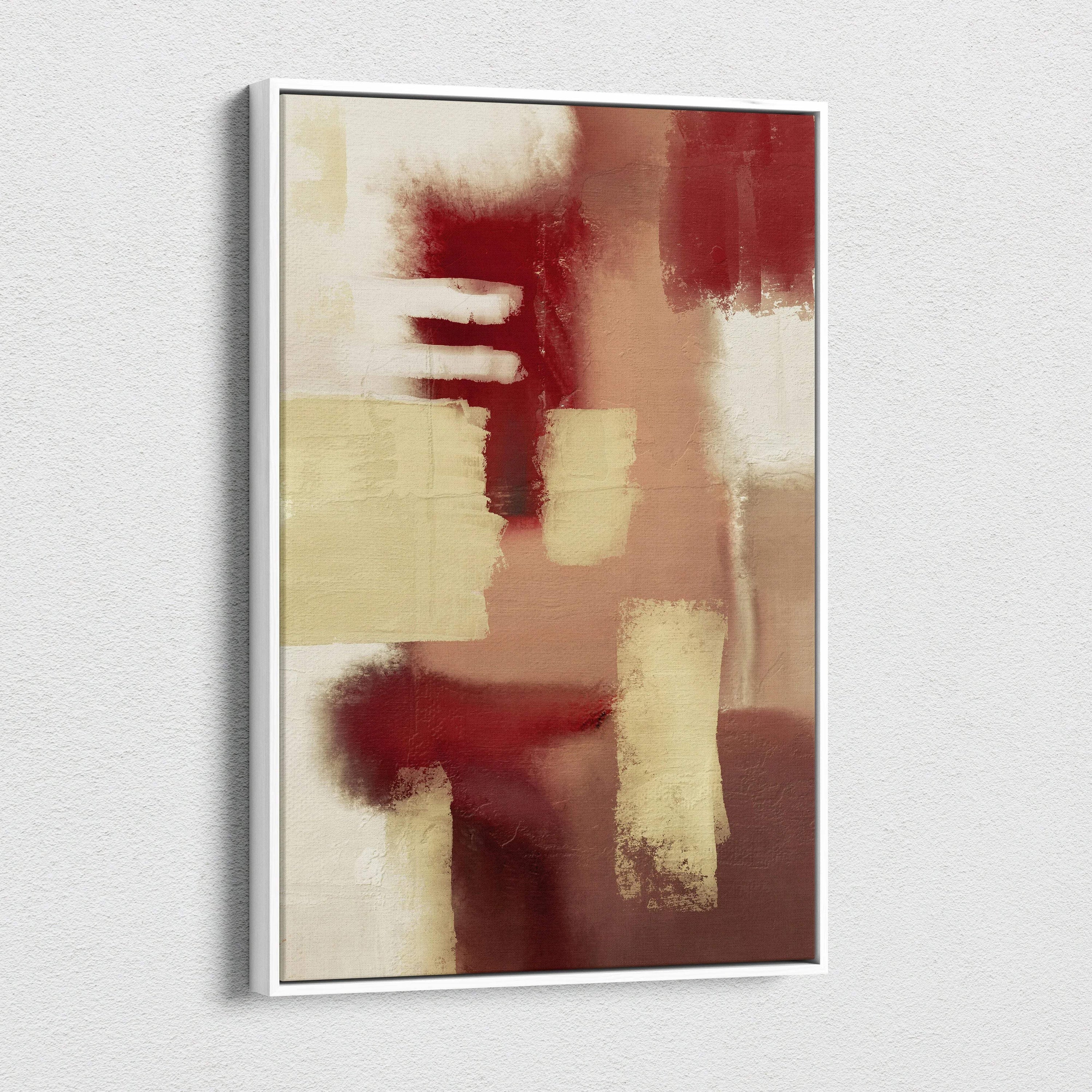 Abstract geometric canvas painting with deep red beige blocks textured minimalist art in white frame