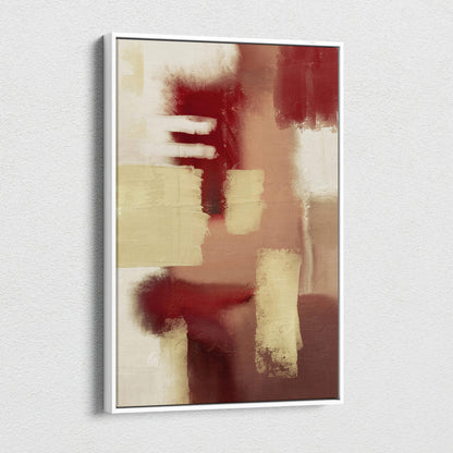 Abstract geometric canvas painting with deep red beige blocks textured minimalist art in white frame