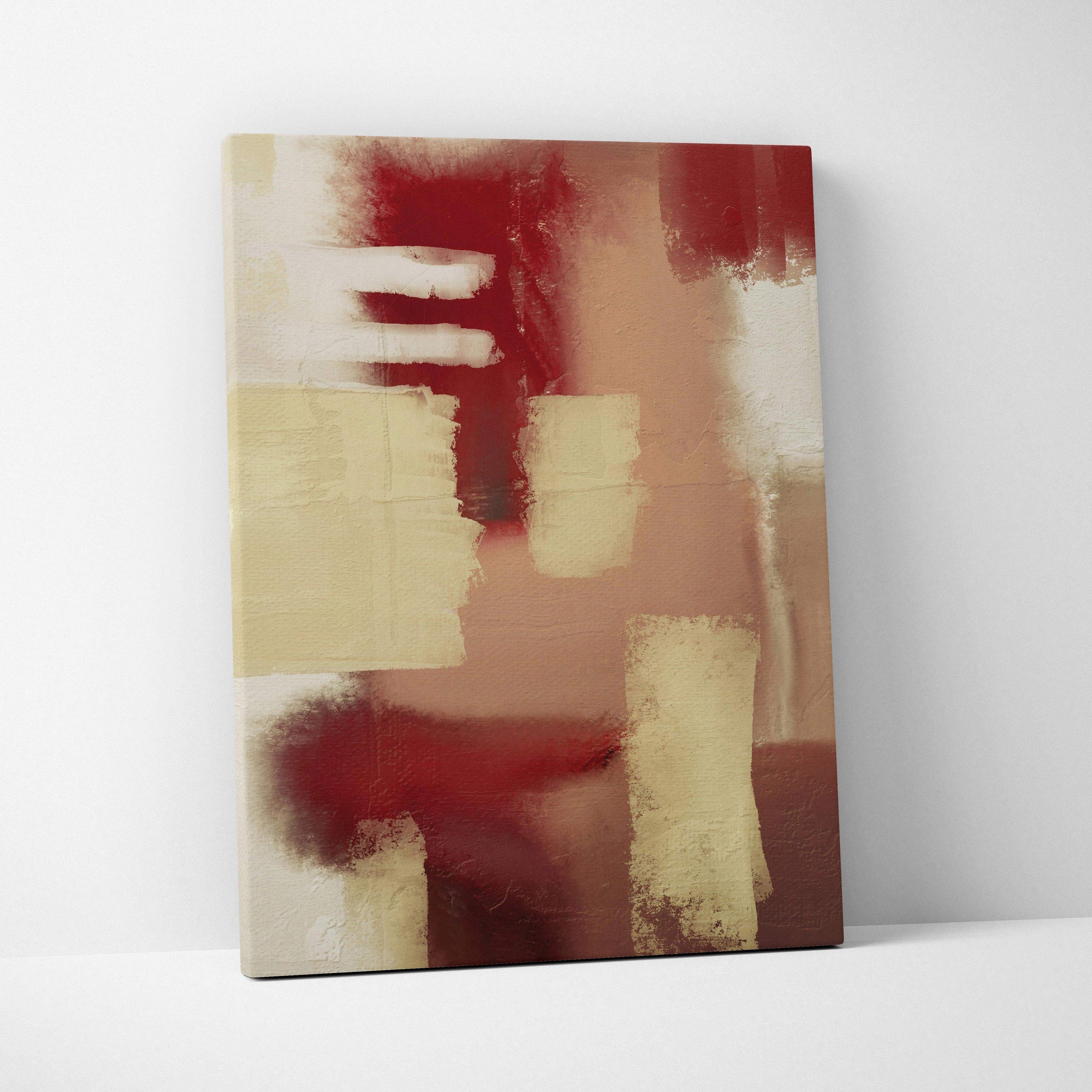 Abstract geometric canvas painting with deep red beige blocks textured earth tones