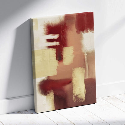 Abstract geometric canvas painting with deep red beige blocks textured earth tones