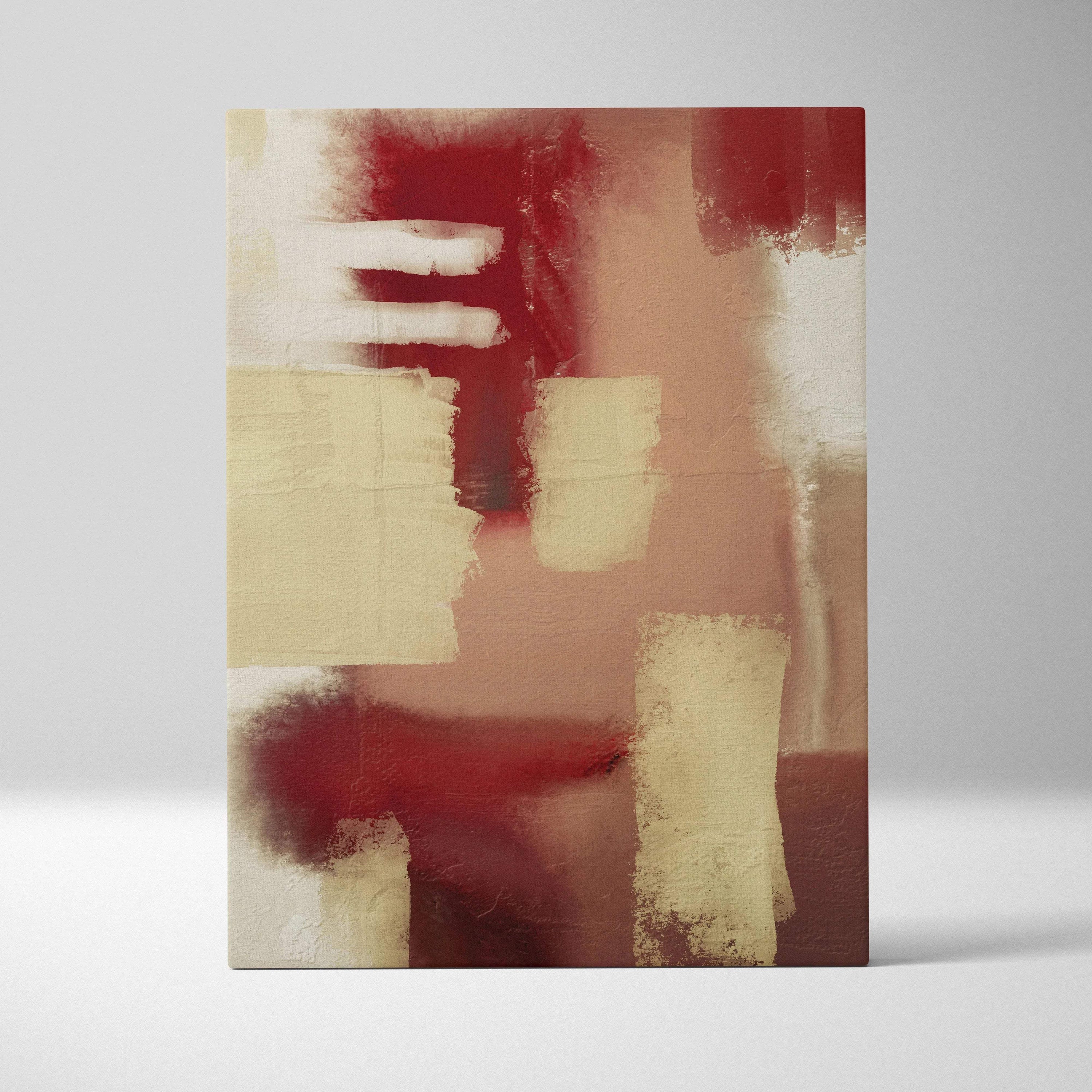 Abstract geometric canvas with deep red beige blocks textured minimalist art