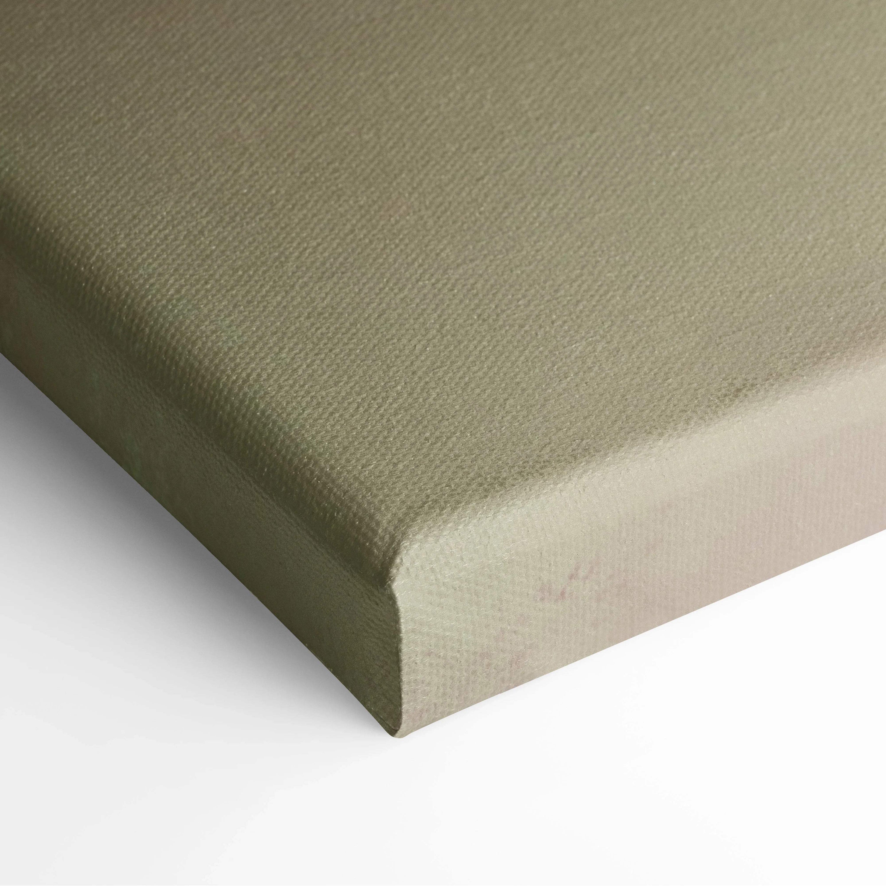 Olive green textured canvas back of soft abstract painting in teal cream rust hues