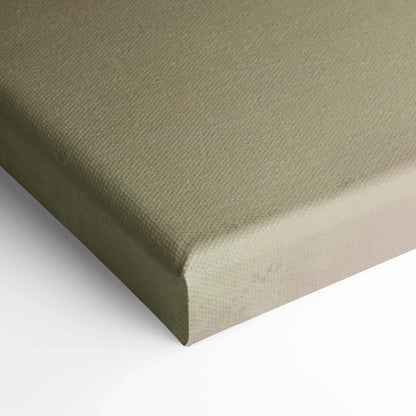 Olive green textured canvas back of soft abstract painting in teal cream rust hues