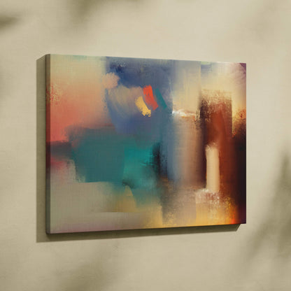 Soft abstract canvas painting with layered shapes in muted teal, cream, rust, coral, golden hues