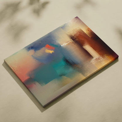 Soft abstract canvas painting with layered teal rust coral golden hues