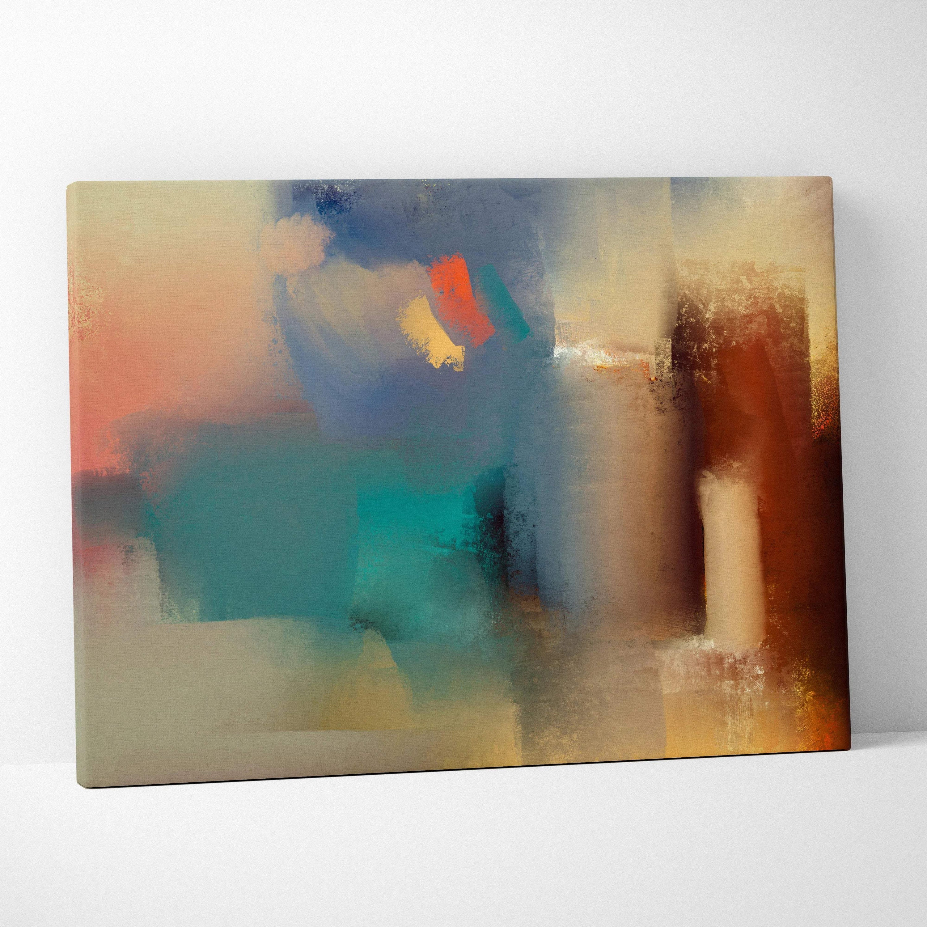 Soft abstract canvas painting with layered shapes in muted teal, cream, rust, coral, and golden hues