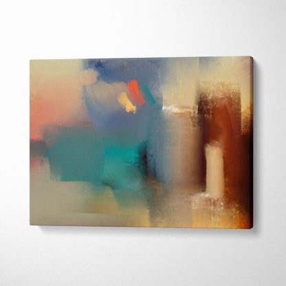 Soft abstract canvas painting with layered shapes in muted teal, cream, rust, coral, and golden hues
