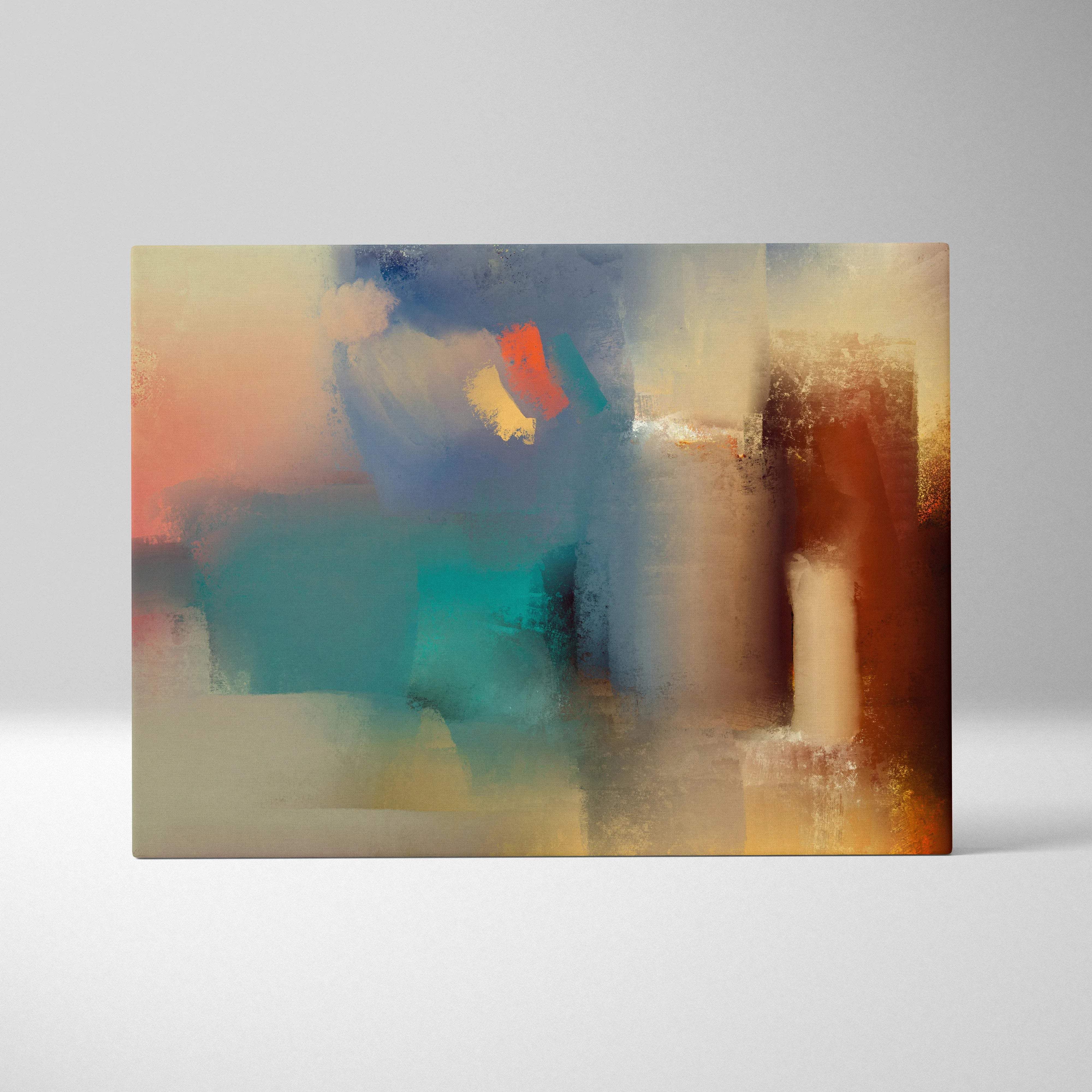 Soft abstract canvas wall art with layered shapes in muted teal, cream, rust, coral, golden hues, textured brushstrokes
