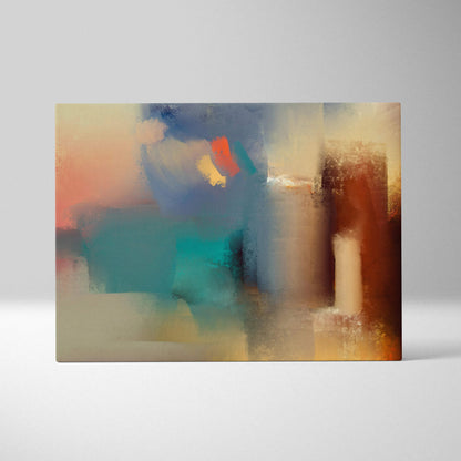 Soft abstract canvas wall art with layered shapes in muted teal, cream, rust, coral, golden hues, textured brushstrokes