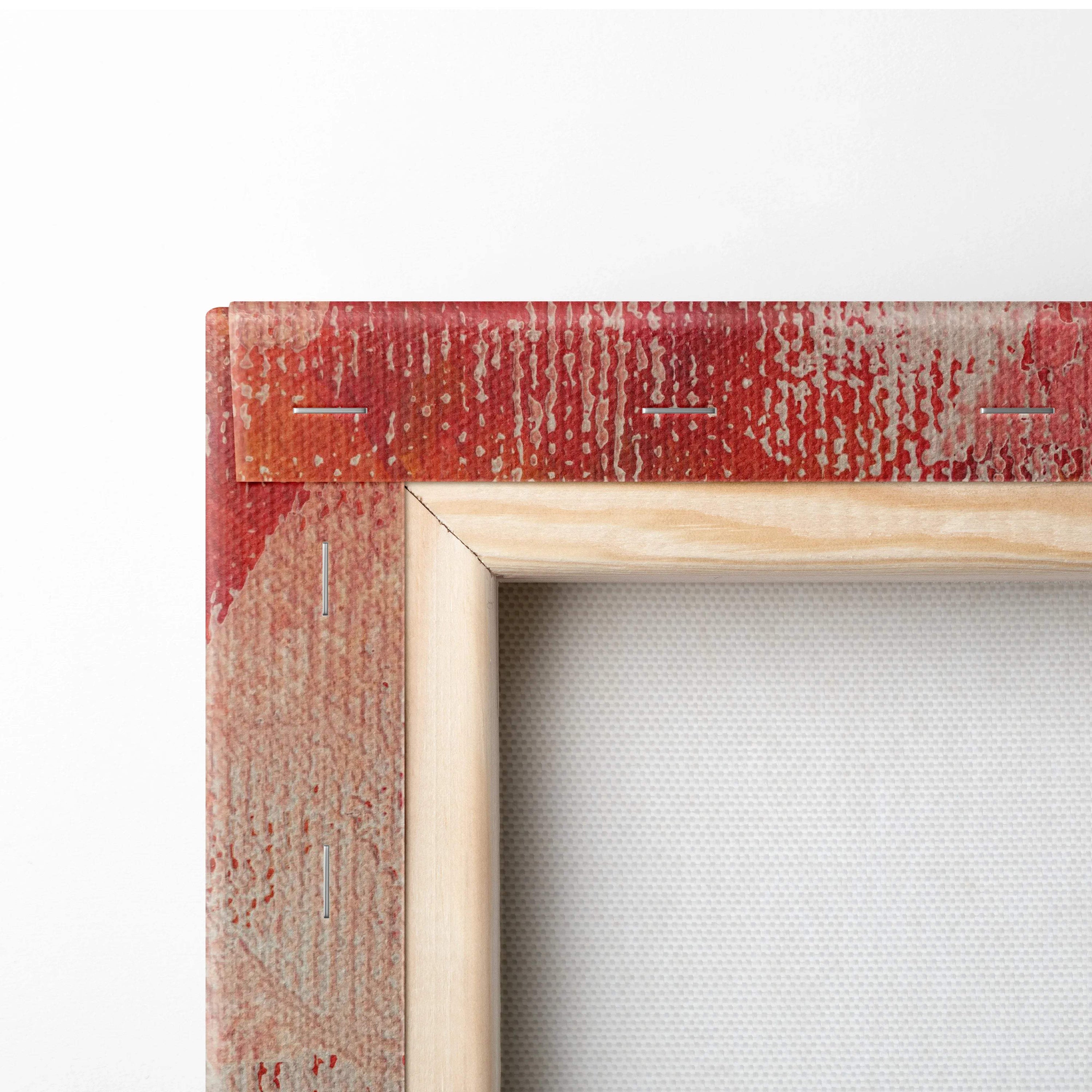 Rustic red beige textured canvas frame with stitching, abstract bold red circle art