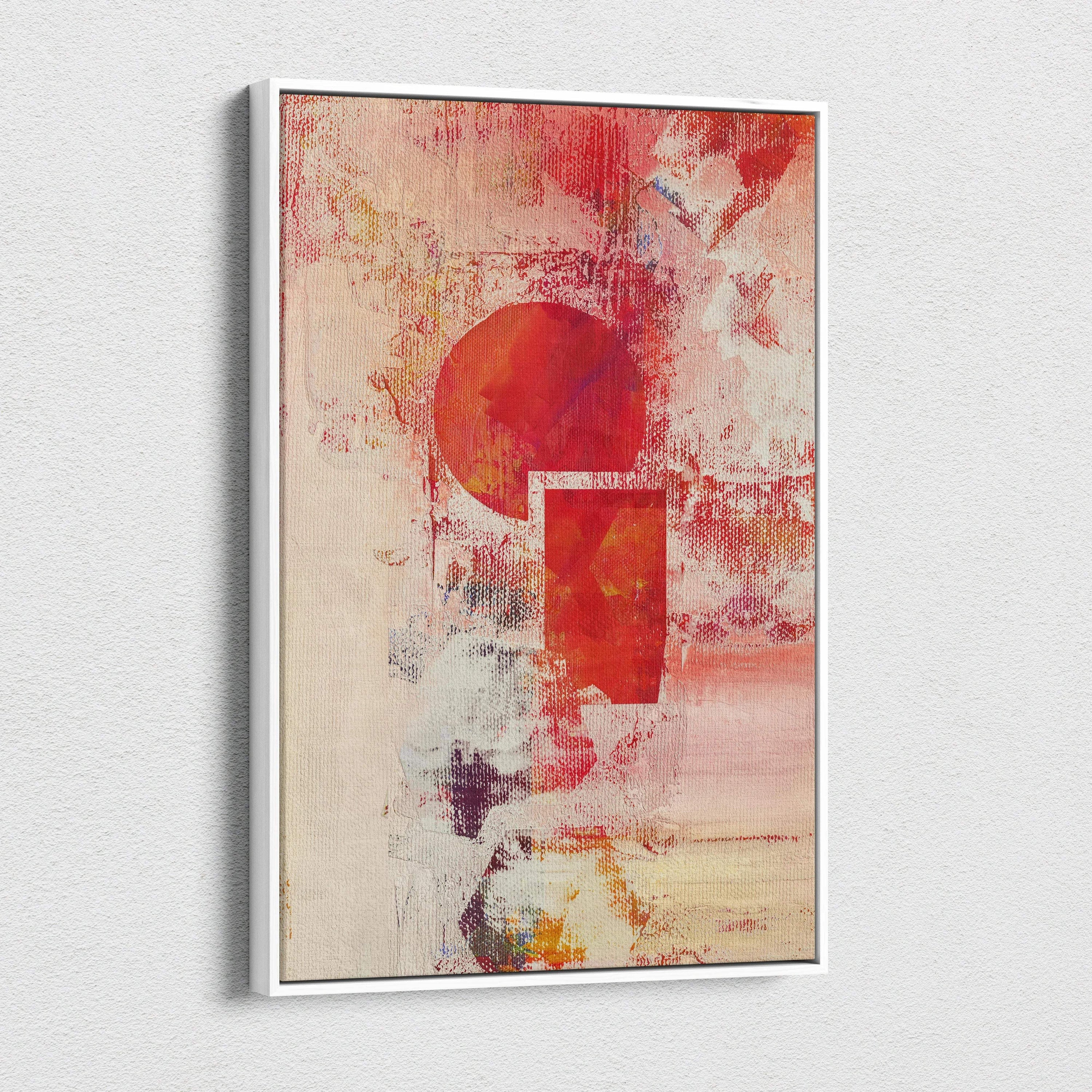 Abstract textured canvas art with bold red circle and geometric shapes on warm beige crimson tones