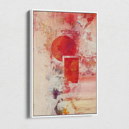Abstract textured canvas art with bold red circle and geometric shapes on warm beige crimson tones