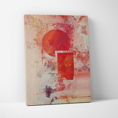 Vibrant abstract textured canvas with bold red circle geometric shapes on warm beige crimson tones