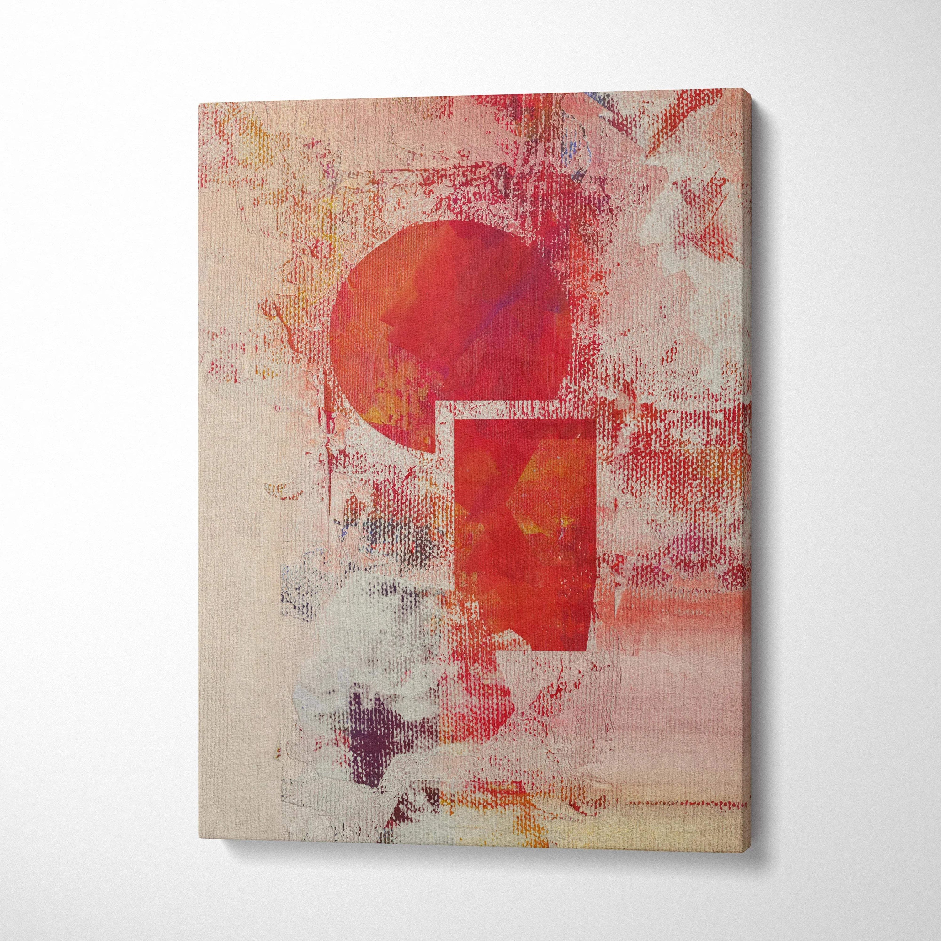 Abstract textured canvas painting with bold red orange circles geometric shapes on warm beige crimson tones