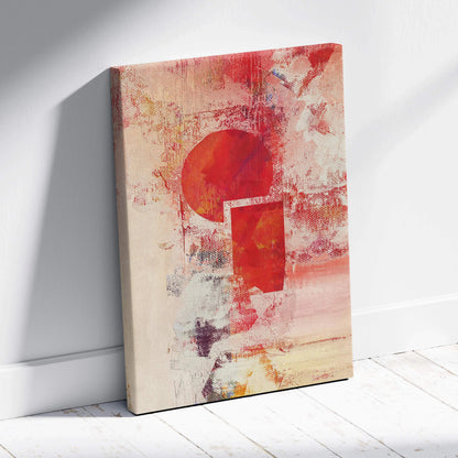 Vibrant abstract textured canvas with bold red circle and geometric shapes on warm beige crimson tones