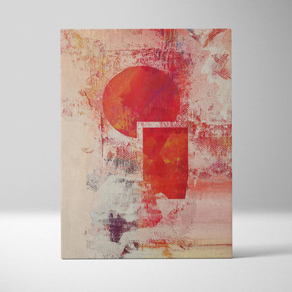 Abstract textured canvas with bold red circle and geometric shapes on warm beige crimson tones