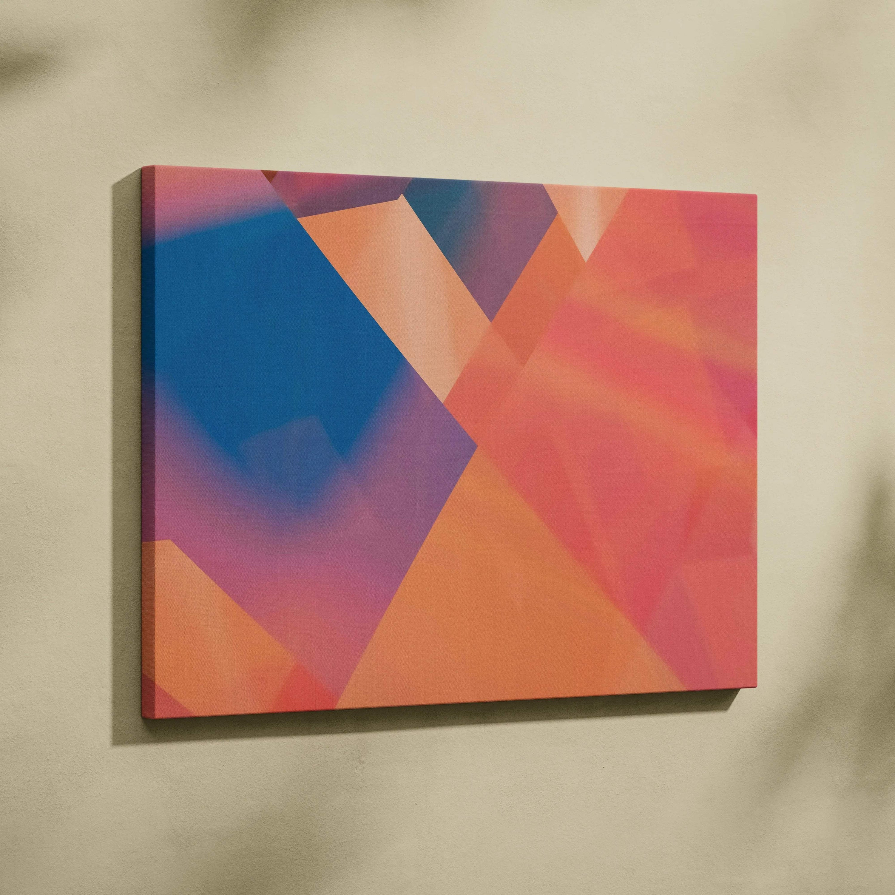 Vibrant geometric polygon canvas wall art in coral peach pink deep blue