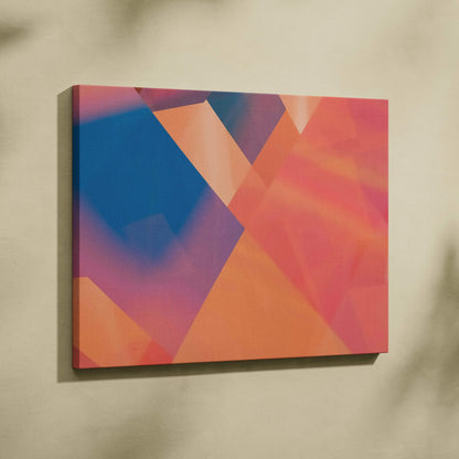 Vibrant geometric polygon canvas wall art in coral peach pink deep blue