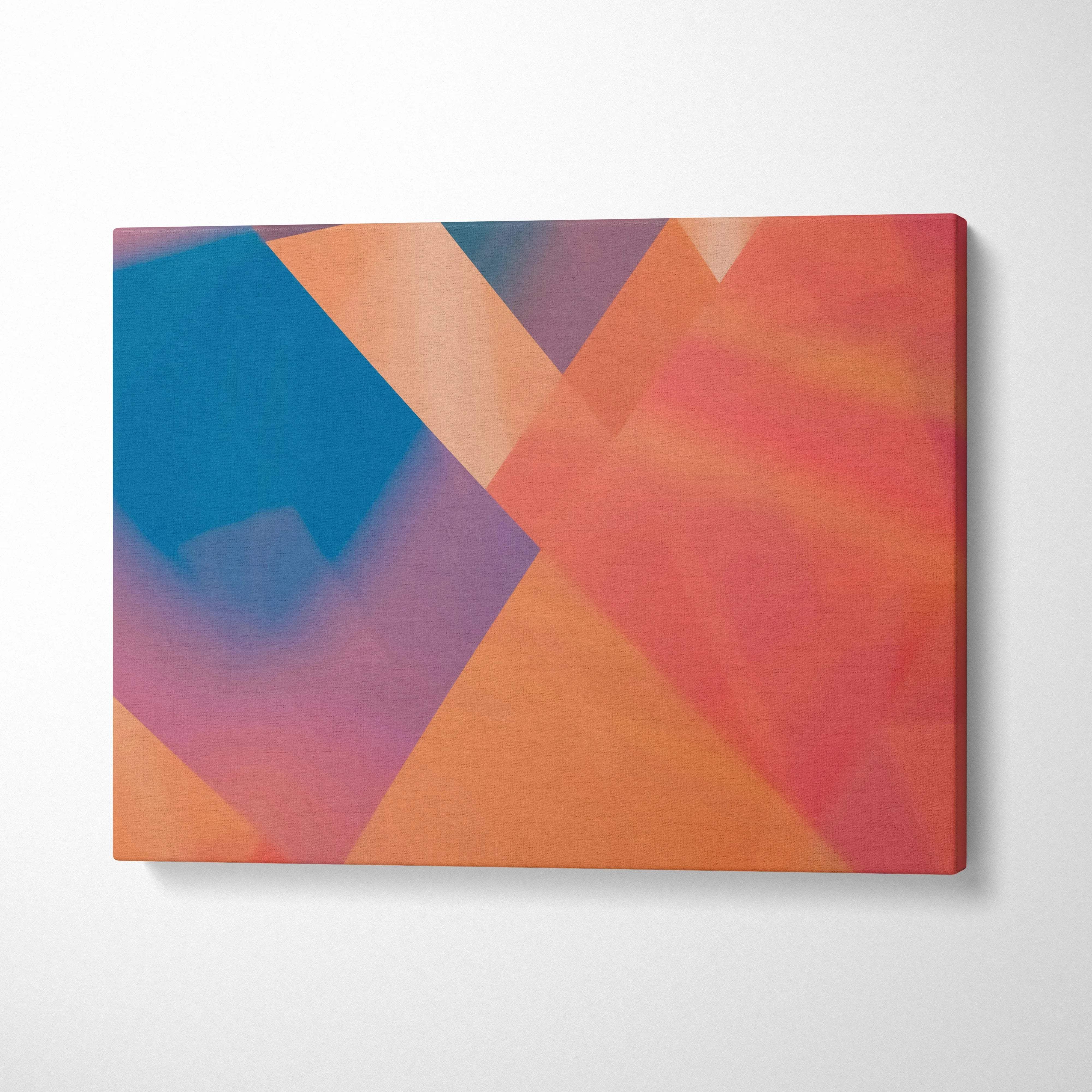Vibrant geometric polygon canvas art in coral peach pink teal purple hues