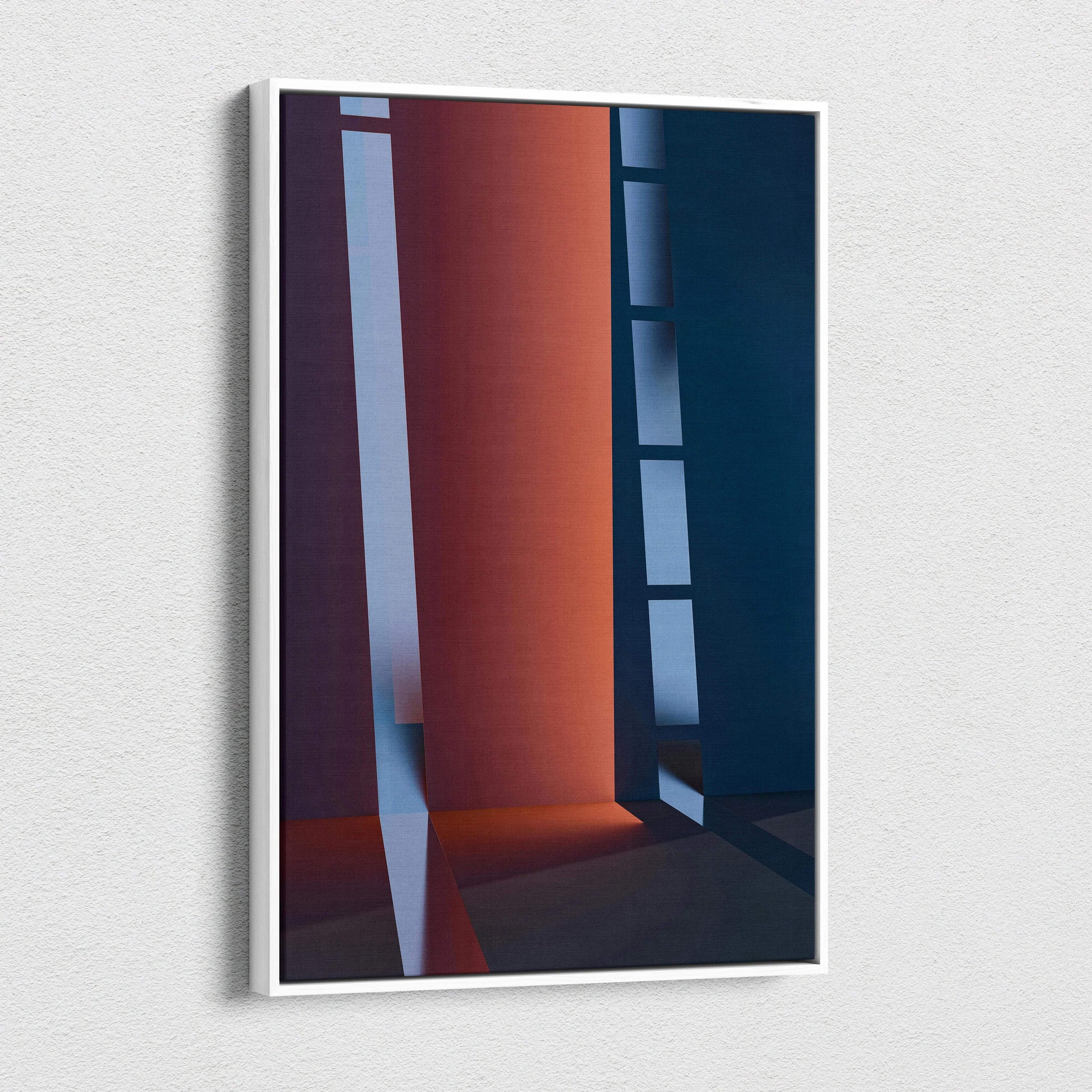 Modern abstract navy blue orange columns window light canvas art in white frame