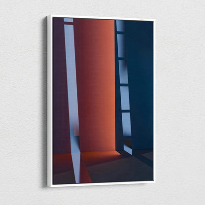 Modern abstract navy blue orange columns window light canvas art in white frame