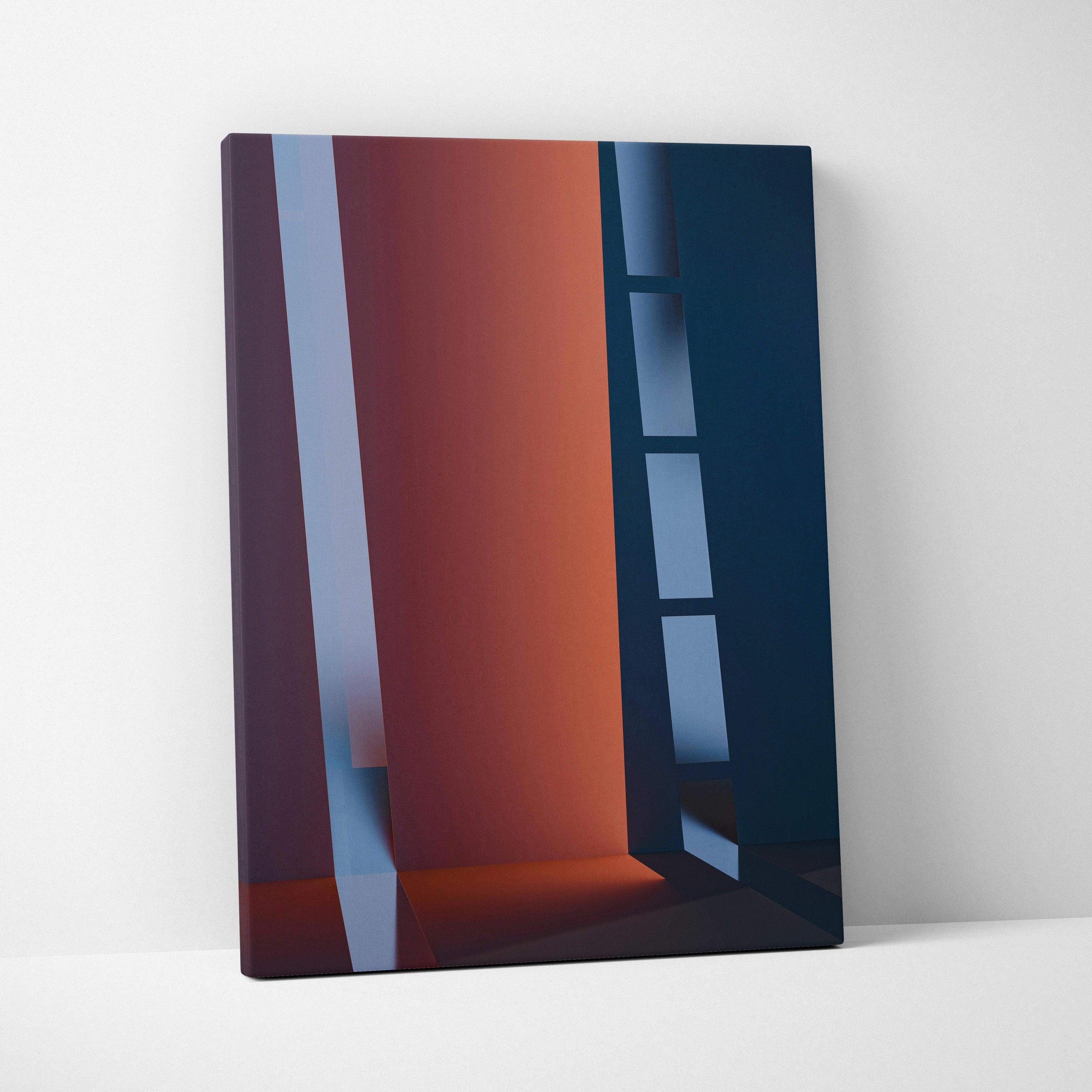 Modern abstract canvas art with bold orange navy columns and window light
