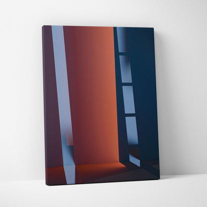 Modern abstract canvas art with bold orange navy columns and window light