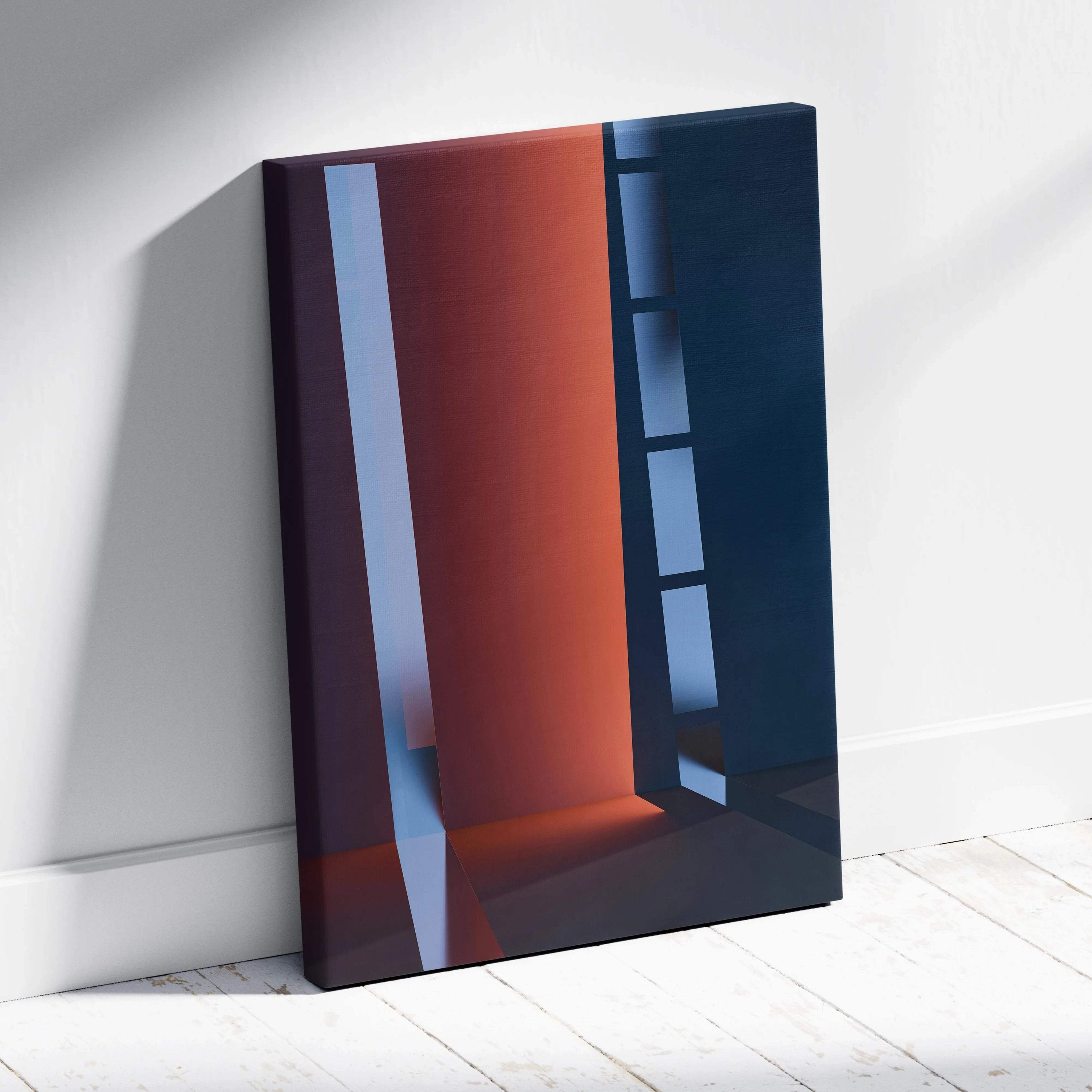 Modern abstract canvas with bold orange, navy stripes on white wall