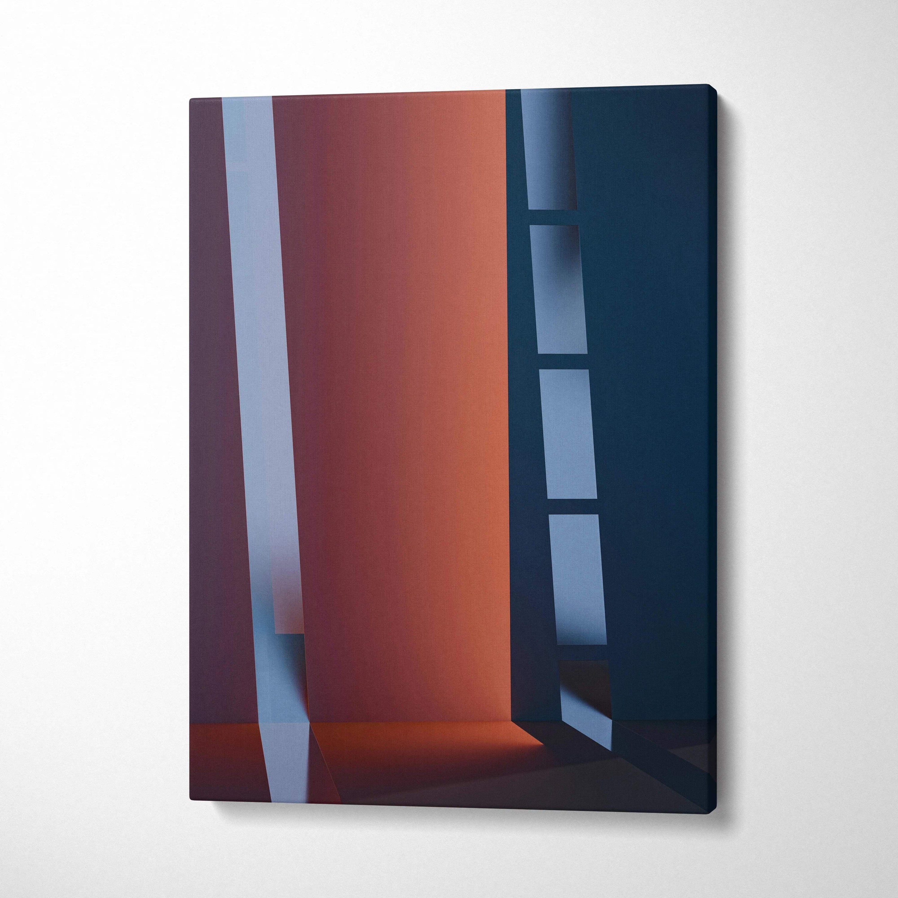 Abstract canvas print with bold orange, blue, gray bands and architectural columns