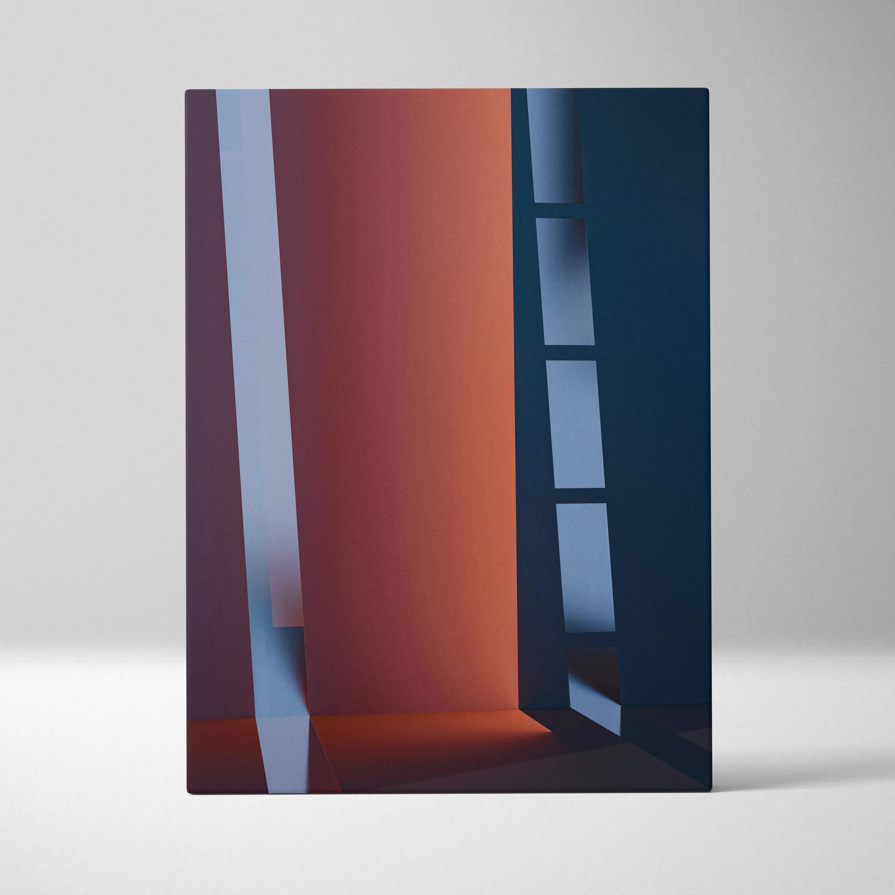 Abstract architectural canvas with bold columns in navy blue and orange tones