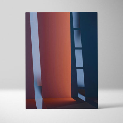 Abstract architectural canvas with bold columns in navy blue and orange tones