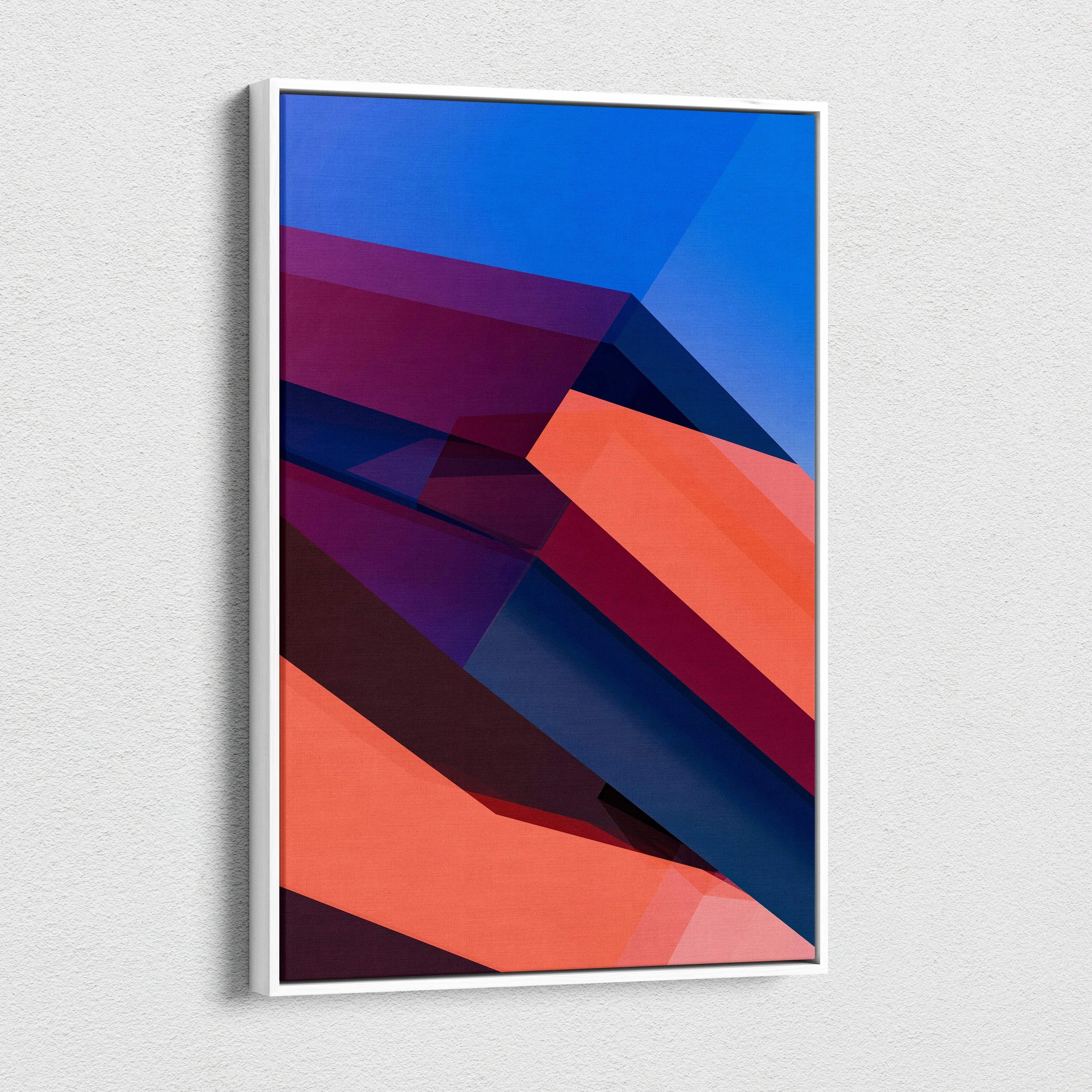 Bold abstract geometric canvas wall art in blue navy coral red tones, framed