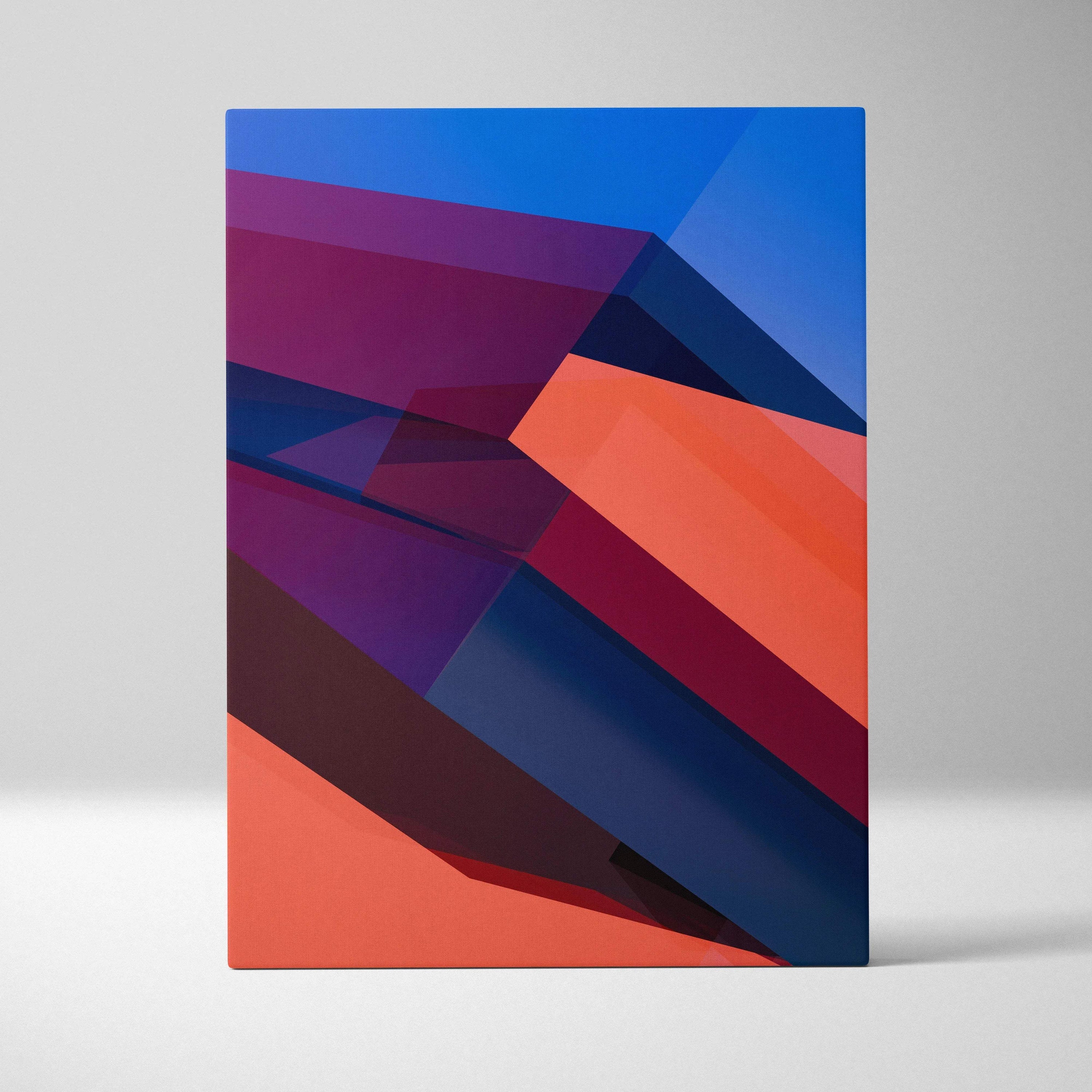 Bold abstract geometric canvas wall art with layered diagonal stripes in blue navy coral red tones