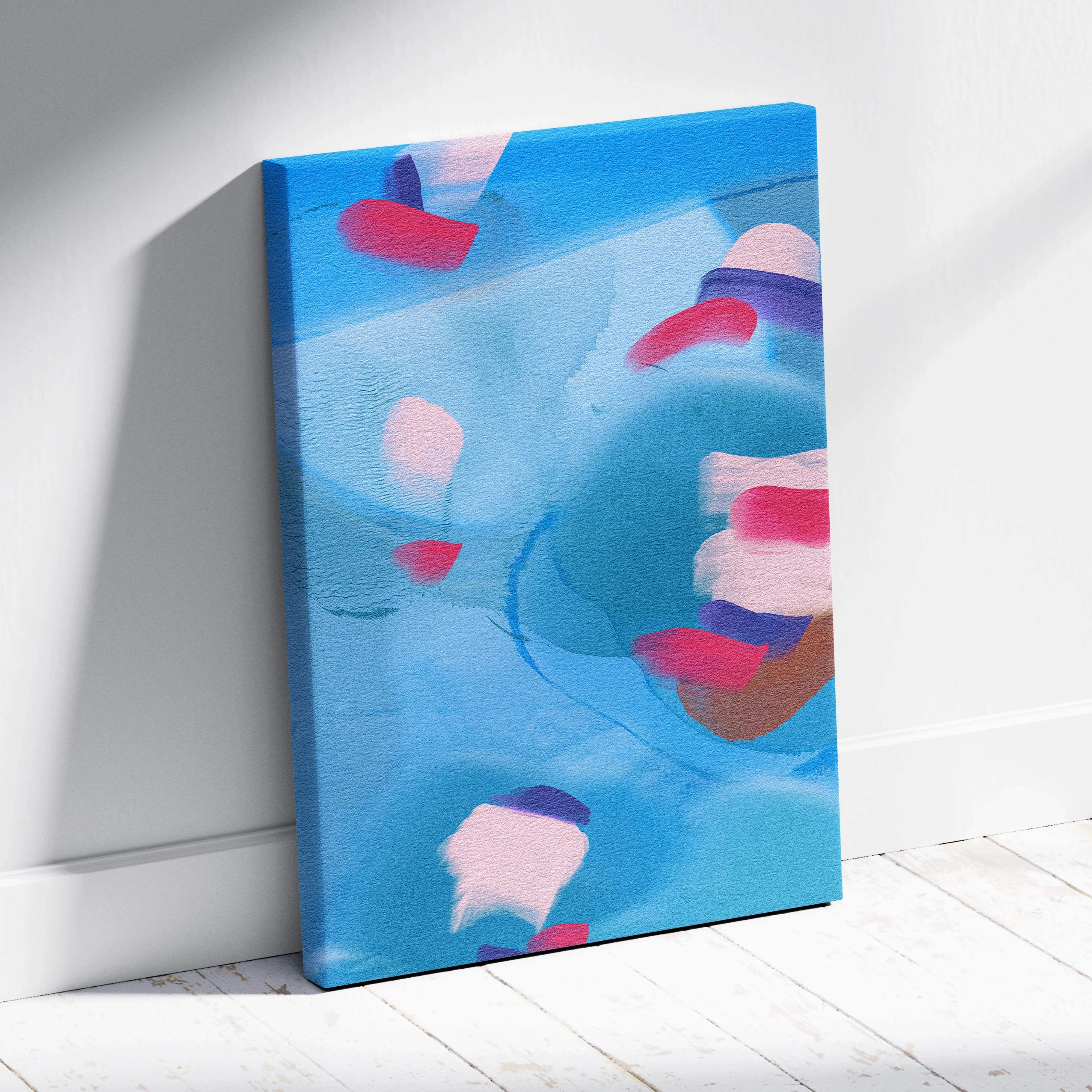 Abstract watercolor canvas wall art with blue coral blush violet organic shapes