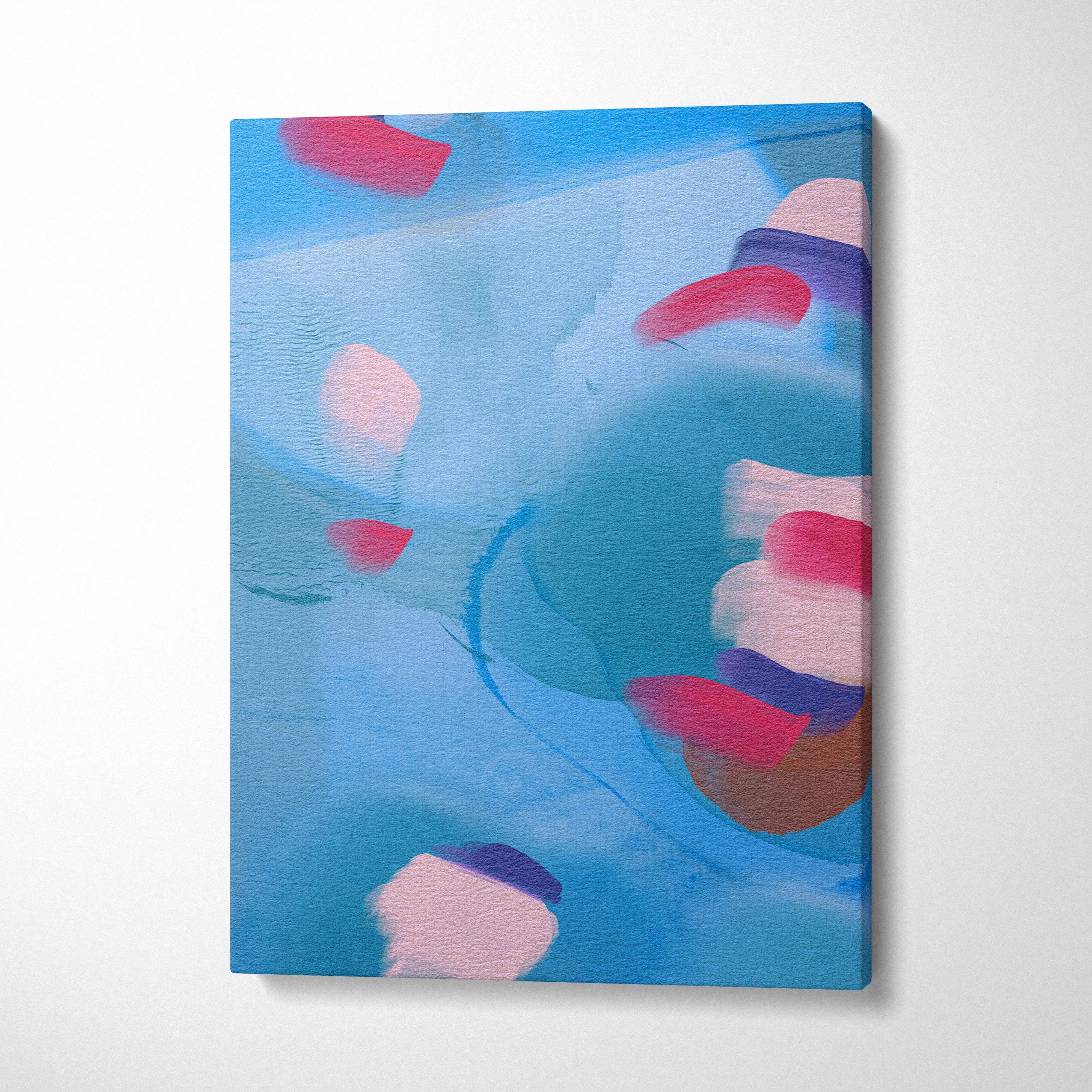 Modern minimalist abstract watercolor canvas wall art in blue coral blush violet