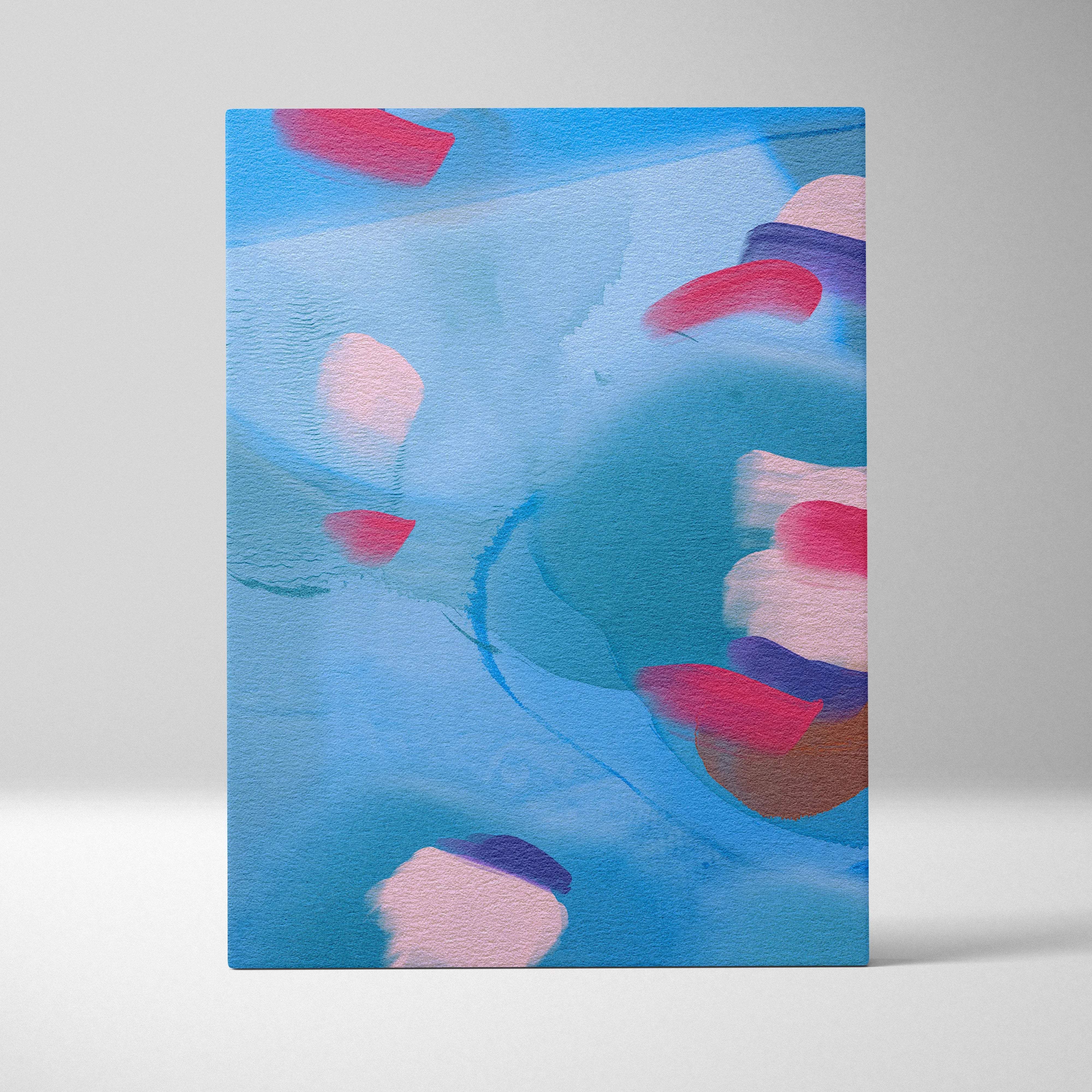 Abstract watercolor canvas wall art in blue coral blush violet dreamy shapes
