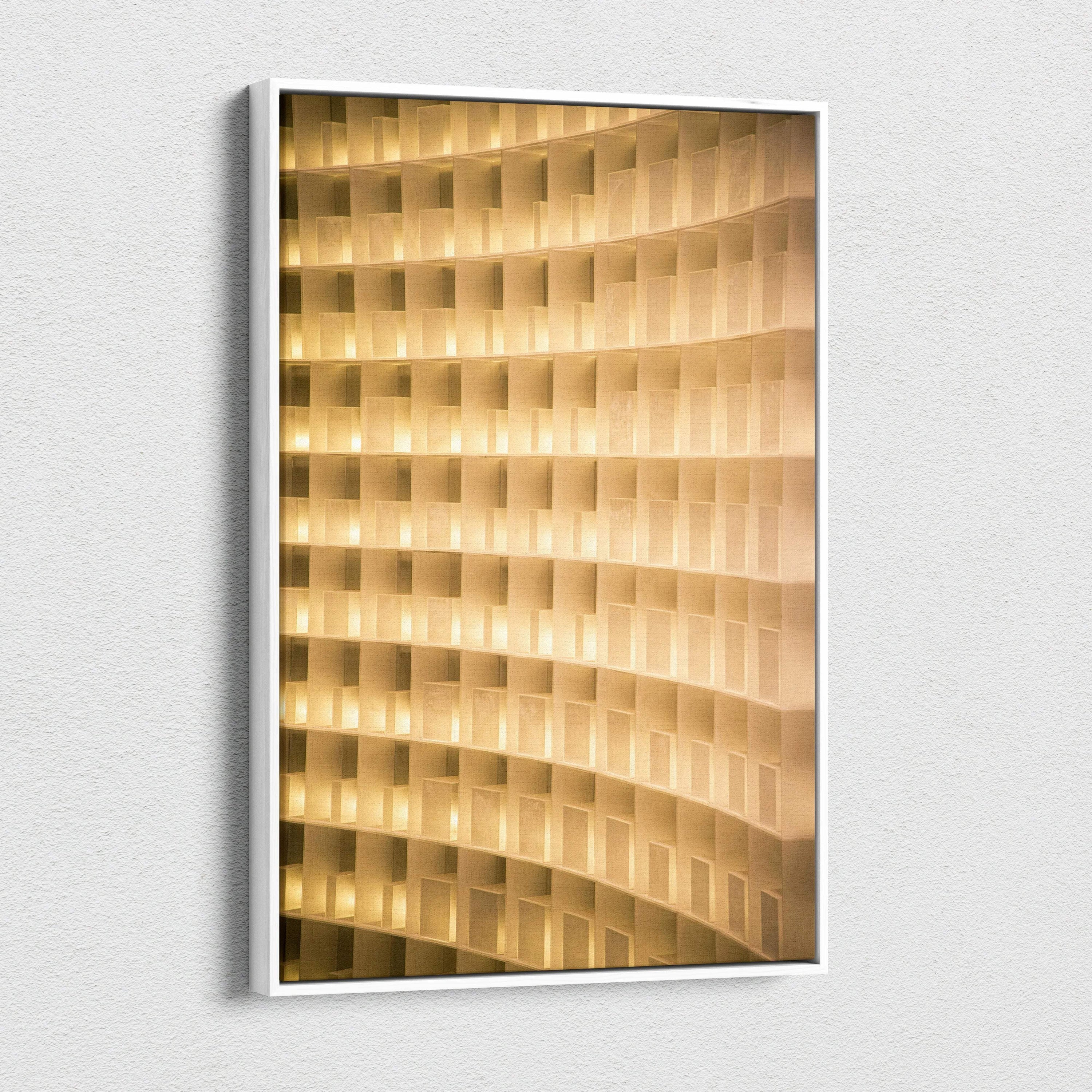 Modern curved architectural canvas wall art with warm beige golden geometric panels