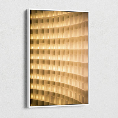 Modern curved architectural canvas wall art with warm beige golden geometric panels