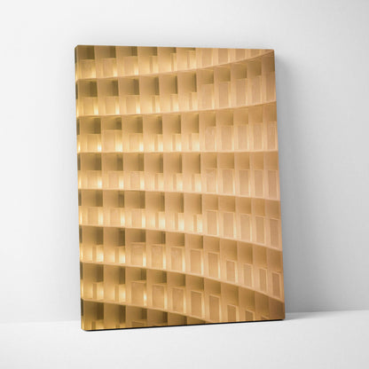 Modern curved architectural canvas wall art with warm beige golden geometric panels
