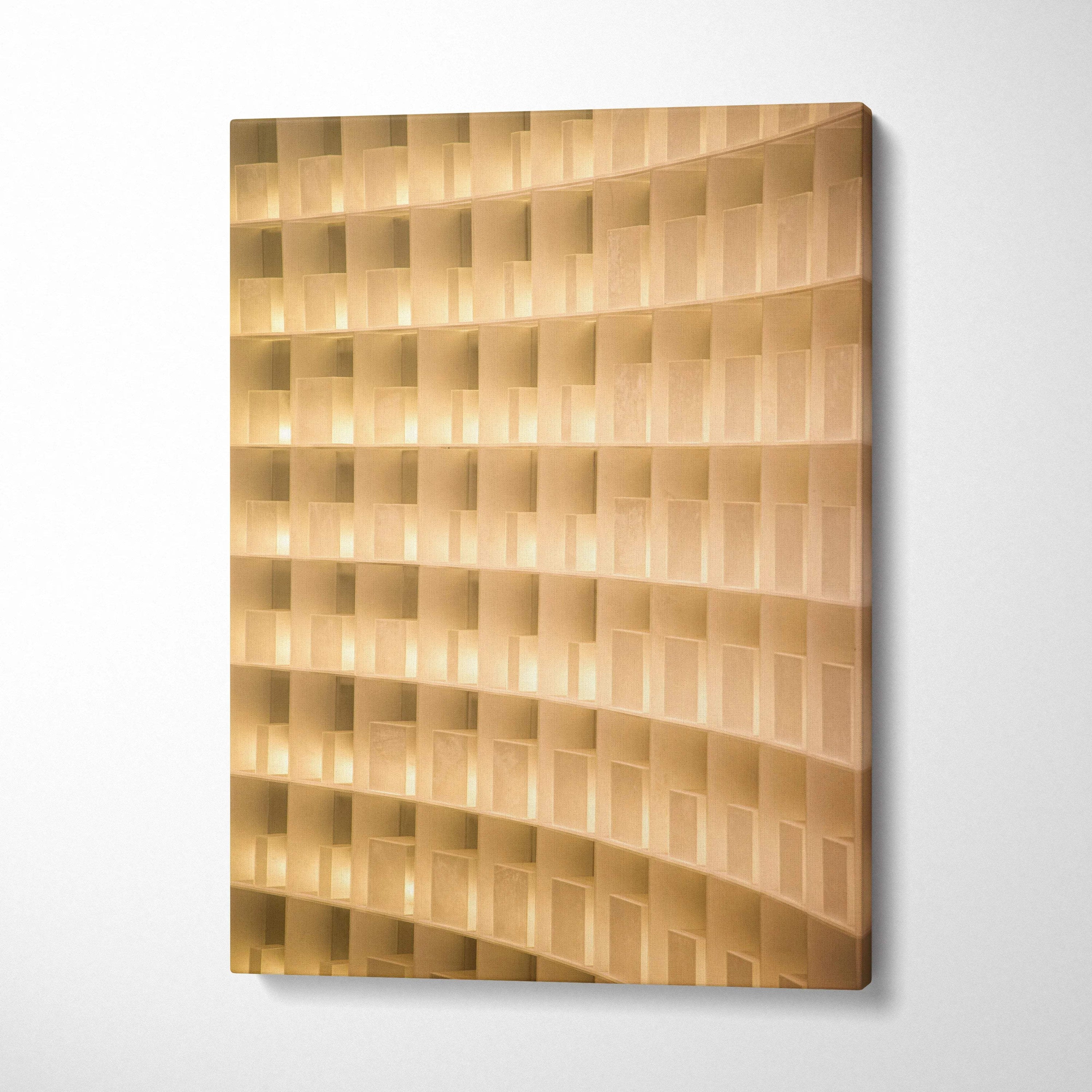 Modern curved geometric canvas wall art in warm beige golden tones