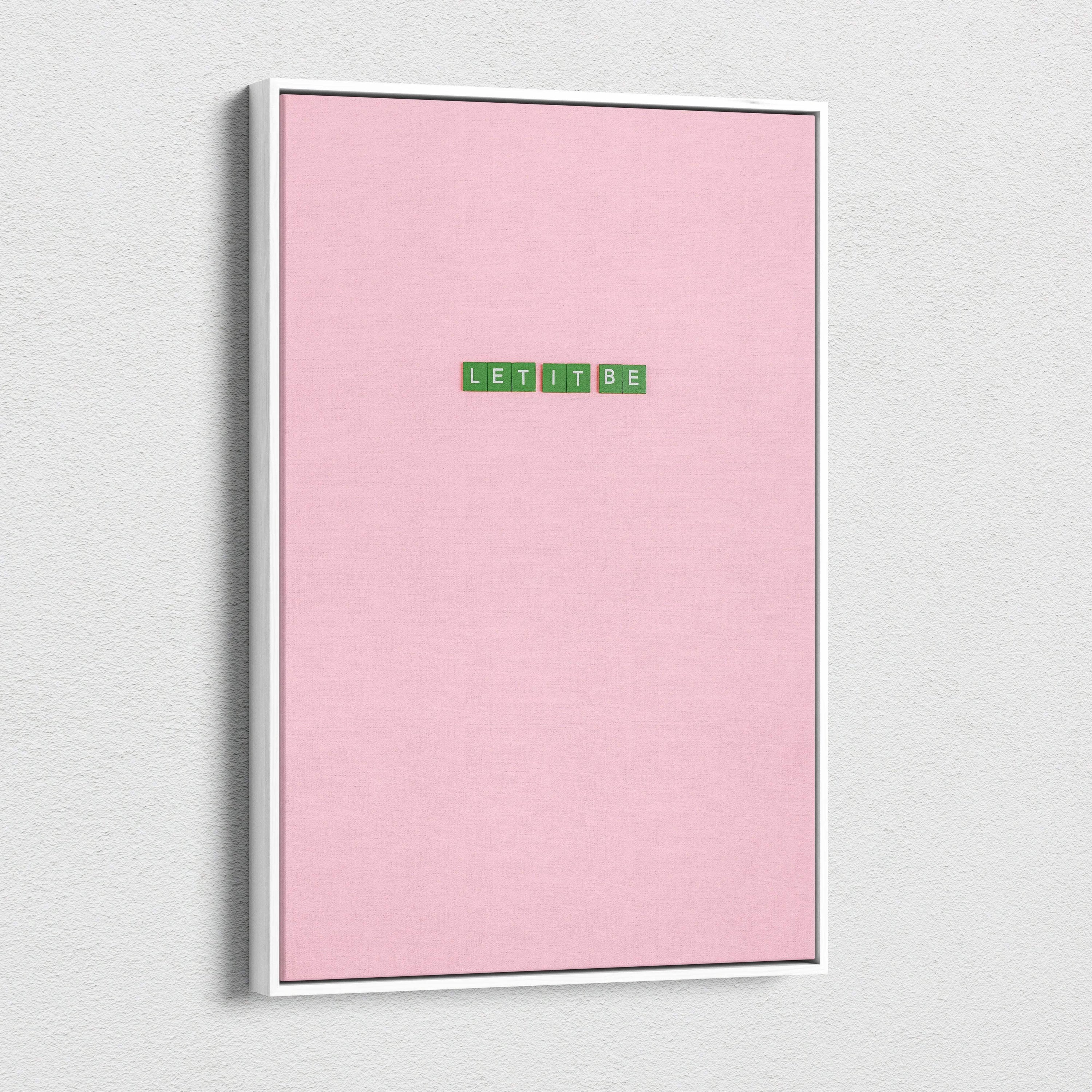 Minimalist Let It Be green tile letters on pastel pink canvas wall art