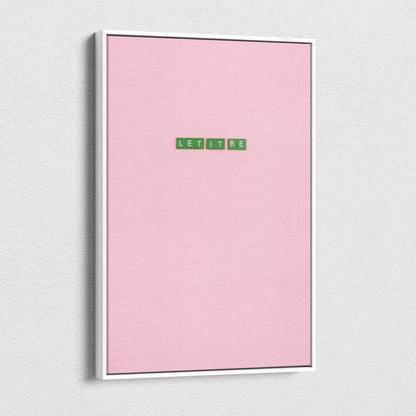 Minimalist Let It Be green tile letters on pastel pink canvas wall art